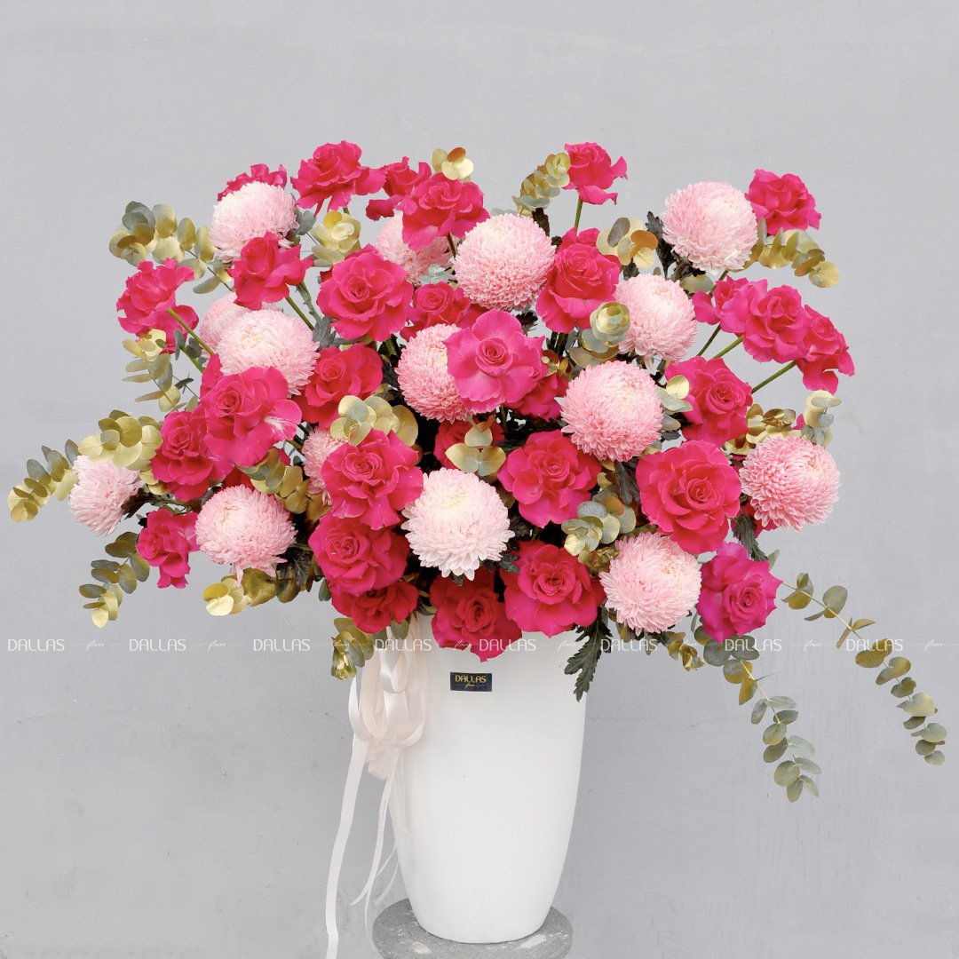 Dallas-Dallasflower-Lẵng Hoa Chúc Mừng Cúc Mẫu Đơn và Hoa Hồng Pink Floyd - L005 Dallas-Dallasflower-Lẵng Hoa Chúc Mừng Cúc Mẫu Đơn và Hoa Hồng Pink Floyd - L005