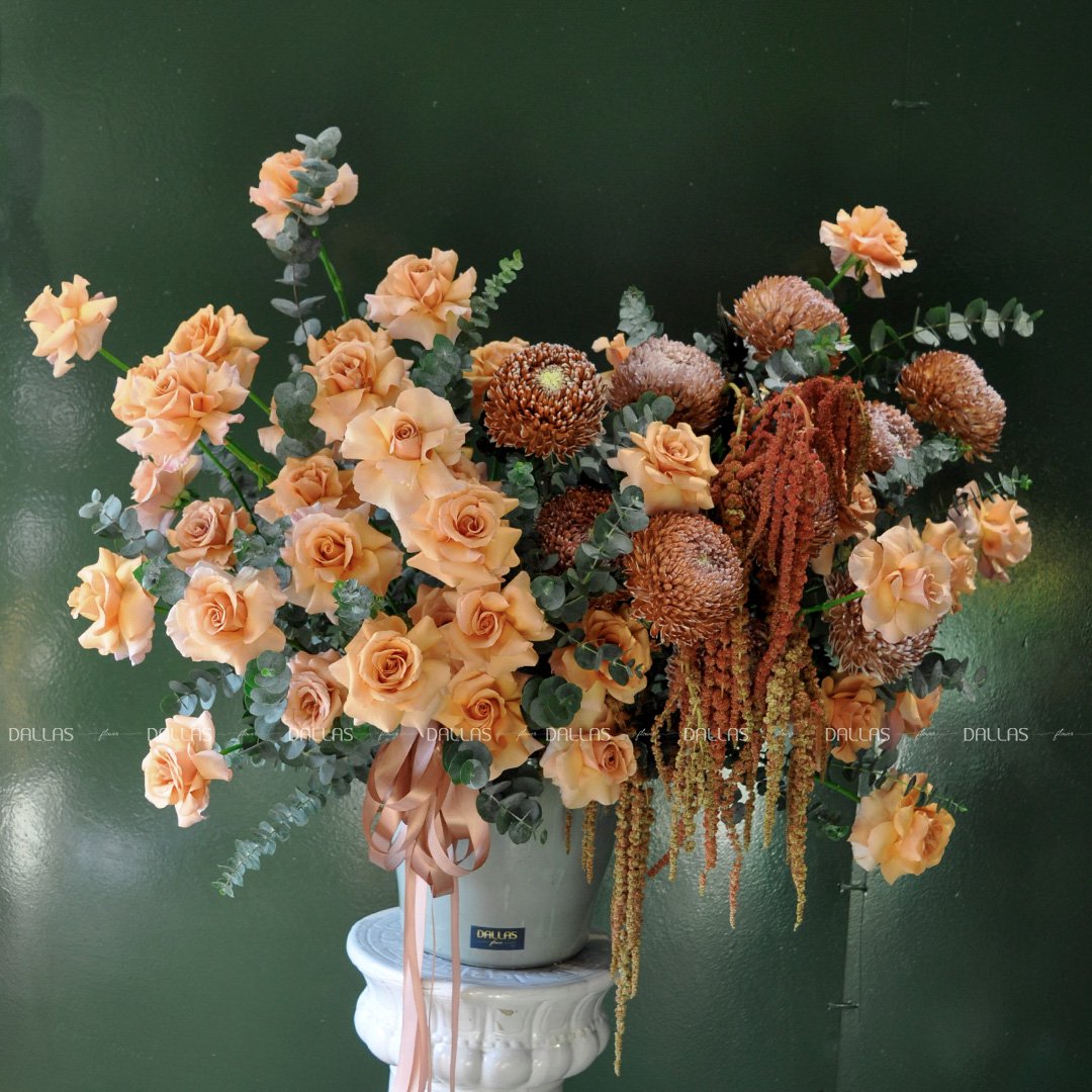 dallasflower-lanhodiep-Lẵng Hoa Chúc Mừng Cúc Mẫu Đơn và Hoa Hồng - L012 dallasflower-lanhodiep-Lẵng Hoa Chúc Mừng Cúc Mẫu Đơn và Hoa Hồng - L012