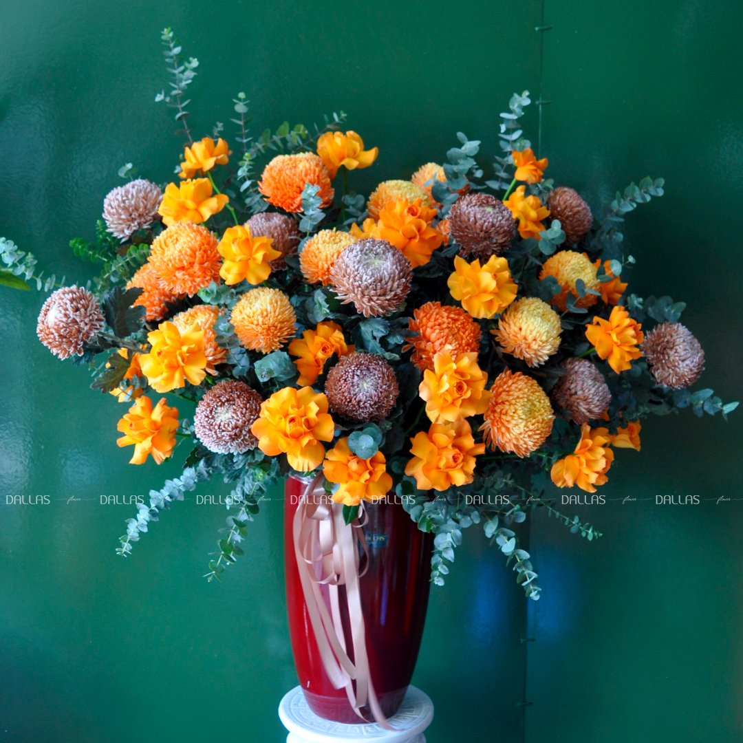 Lẵng Hoa Chúc Mừng Cúc Mẫu Đơn và Hoa Hồng Cam - L001 Lẵng Hoa Chúc Mừng Cúc Mẫu Đơn và Hoa Hồng Cam - L001