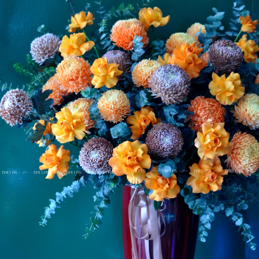 Lẵng Hoa Chúc Mừng Cúc Mẫu Đơn và Hoa Hồng Cam - L001 Lẵng Hoa Chúc Mừng Cúc Mẫu Đơn và Hoa Hồng Cam - L001