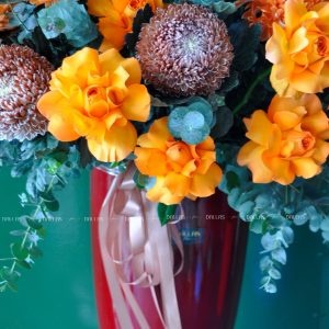 Lẵng Hoa Chúc Mừng Cúc Mẫu Đơn và Hoa Hồng Cam - L001