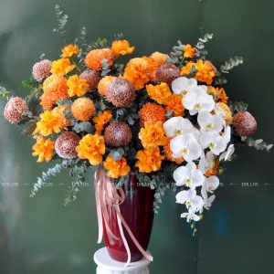 dallas-dallasflower-Lẵng Hoa Chúc Mừng Lan Hồ Điệp và Cúc Mẫu Đơn - L004