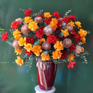 dallasflower-hoakhaitruong-Lẵng Hoa Chúc Mừng Cúc Mẫu Đơn và Hoa Hồng - L002